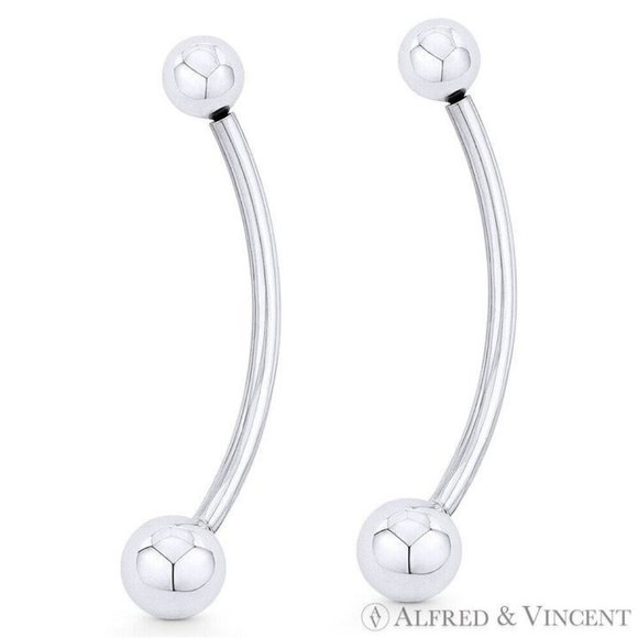 2" Curved Barbell Drop Earrings w/ 6mm & 8mm Ball Beads in .925 Sterling Silver - Picture 1 of 1